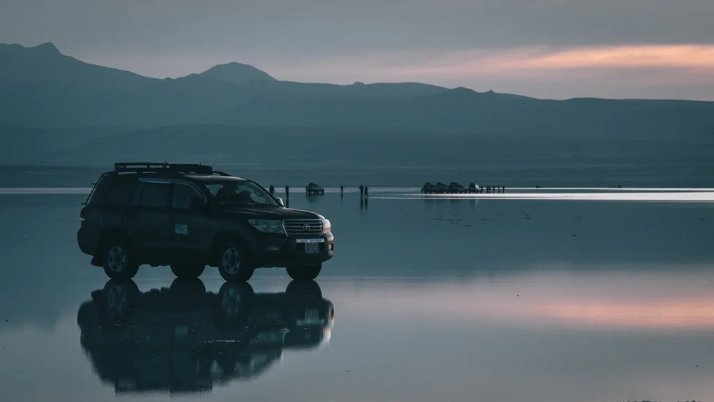 A dark SUV reflected on a calm water surface with mountains and a colorful sky in the background.