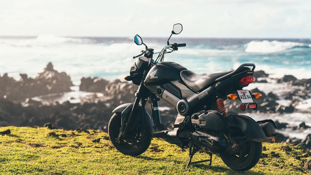 Black motorcycle parked on grass near rocky ocean coastline under natural light.