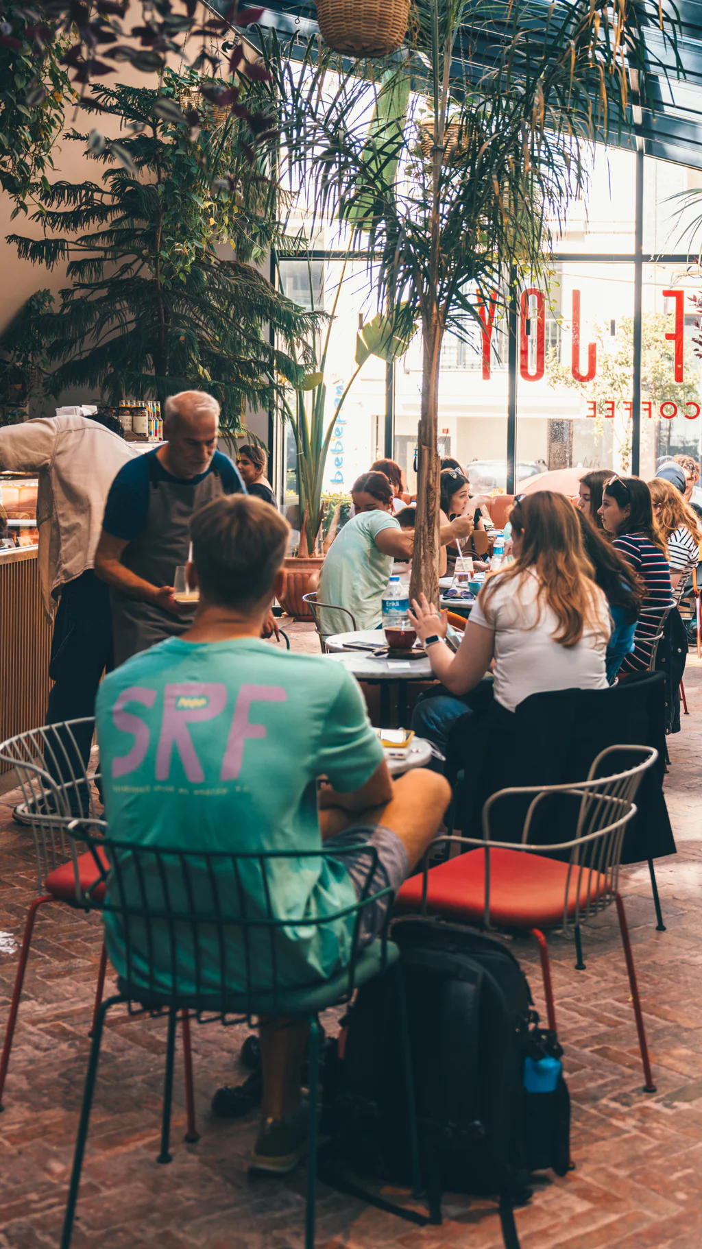 People sitting and socializing in a cozy coffee shop with plants and natural light.