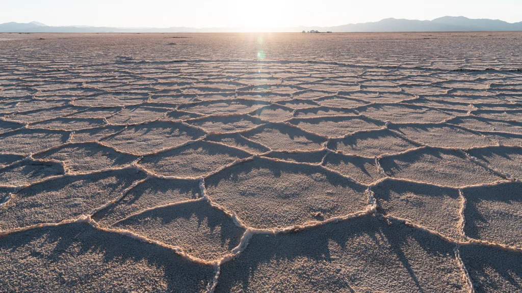 Wide shot of cracked dry earth with sun near horizon and distant mountains.